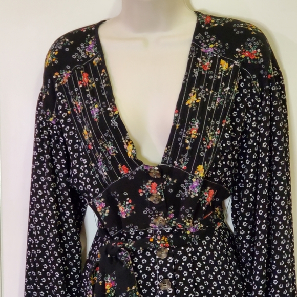 Free People Wonderland Black Multi-Color Floral Long Sleeve Mini Dress - Picture 7 of 16